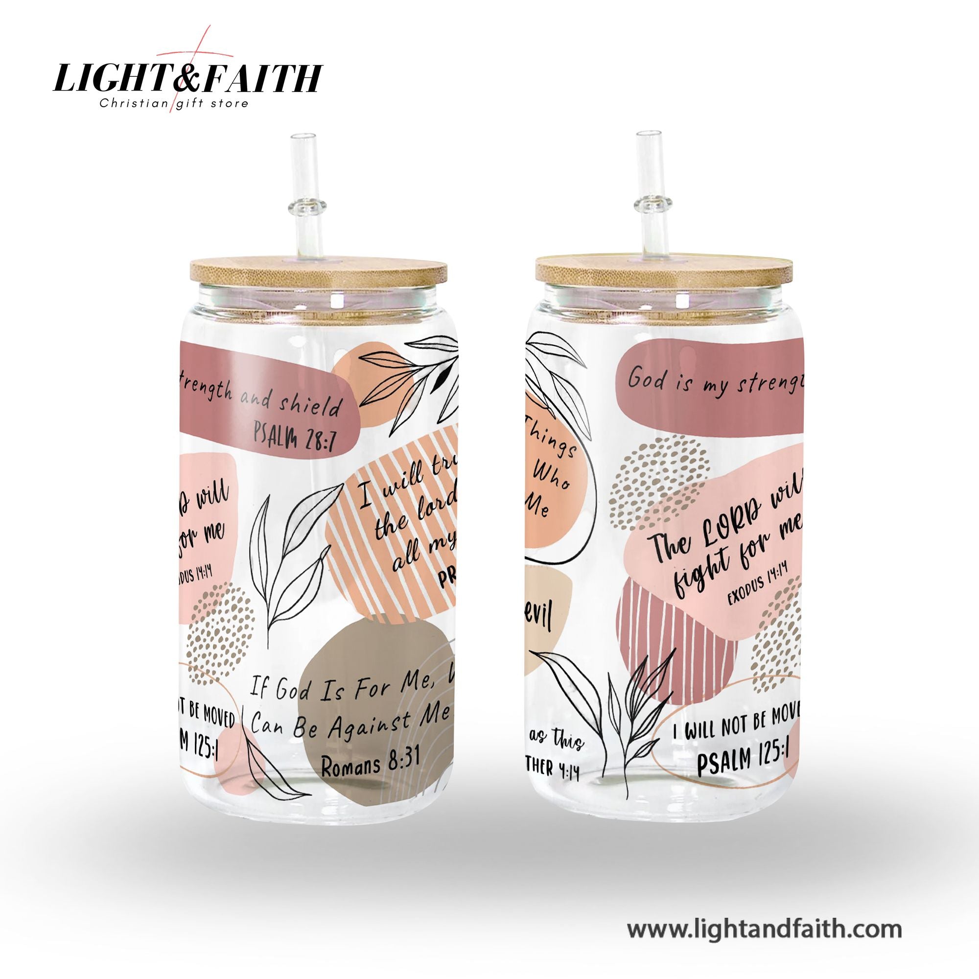 Christian Glass Can with Bamboo Lid and Straw, Abstract Scripture Cup, Bible Verse Iced Coffee Tumbler, Faith Gift for Women GCLAF37